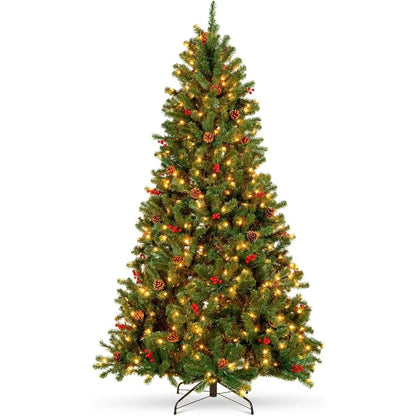 6-foot pre illuminated spruce hinge artificial Christmas tree with 798 tips, pine cones, berries, 250 lights, metal base