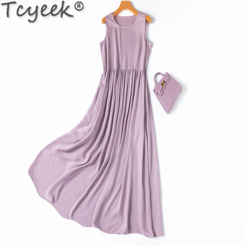 Tcyeek 70% Mulberry Silk+30% Cotton Dresses Summer Dress Women Clothing Sleeveless Elegant Women's Dresses Платье Женское