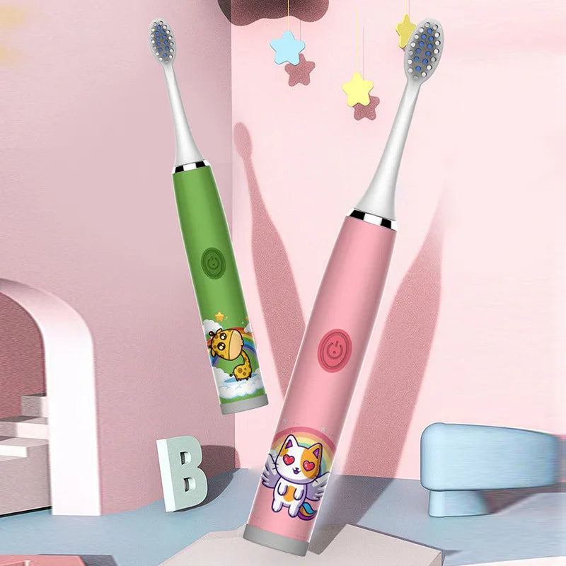 Child's USB Sonic Electric Toothbrush Rechargeable Colorful Cartoon Brush Kids Automatic IPX7 Waterproof With Replacement Heads