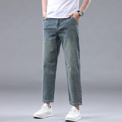 New Summer 95% Cotton Straight Thin Jeans for Men Classic Style Stretch Soft Fabric Light Blue Denim Ankle-Length Pants Male