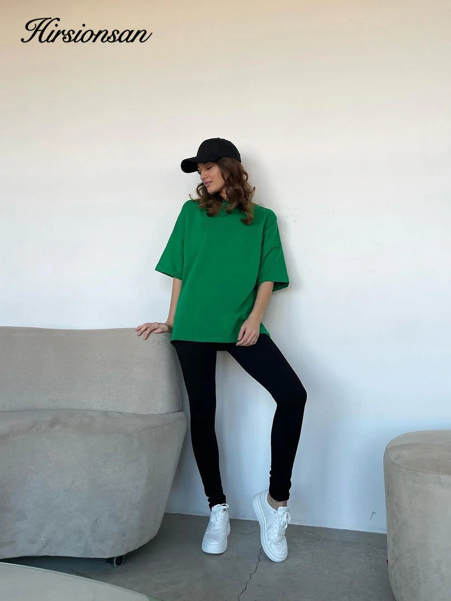 Hirsionsan 100% Cotton T Shirt Women Summer New Oversized Solid Tees Casual Basic Loose Tshirt Chic O Neck Female Tops