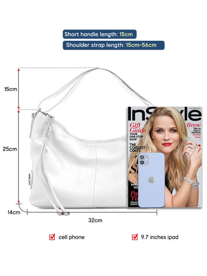 Zency 100% Genuine Leather Large Women Shoulder Bag Tote Adjustable Wide Strap White Handbag Purse Black Designer Purse