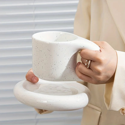 1set 400ml Ceramic Coffee Chubby Mug Saucer Set Creative Cute Fat Handle Cup With Saucer For Office And Home Room Decor