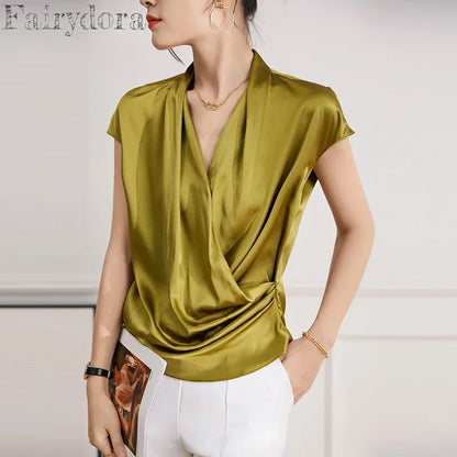 Mulberry Silk Shirts for Women, 100% Silk, Cross V-Neck, Fold at the Waist, Solid Color, Casual Tops