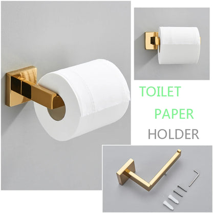 Senlesen Golden Bathroom Accessories Sets 4pcs Wall Mount Towel Bar Robe Hooks Toilet Paper Roll Holder Stainless Steel Hardware