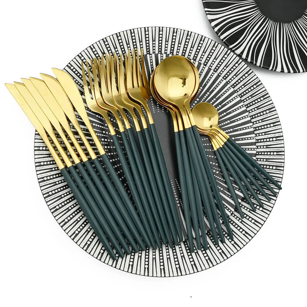 24Pcs Stainless Steel Dinnerware Set Kitchen Green Gold Cutlery Set Knife Fork Spoon Flatware Tableware Western Silverware Set