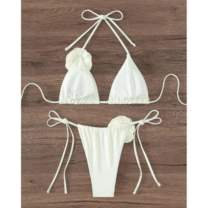 Summer Women Solid Color Swimsuit Sexy Flower Backless Pure Cotton Swimsuit Fashion Suspender Split Style Bikini Set