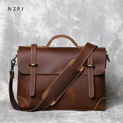 NZPJ Retro Leather Men's Handbag Top Layer Cowhide Briefcase Crazy Horse Leather Messenger Shoulder Large Capacity Computer Bag