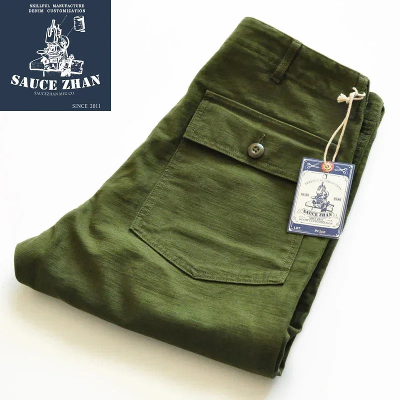 SauceZhan OG-107 Fatigue Utility Pants Military Pants VINTAGE Classic Olive Sateen Men's Baker Pants Satin Cotton Straight Fit