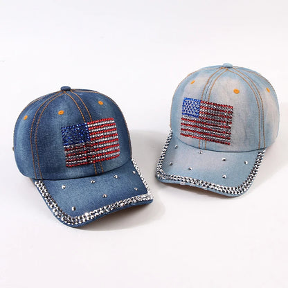 Adjustable Size 4th July Dad Hat USA American Flag Patriotic Baseball Cap Denim Distressed Rhinestone Bling Sparkle Hip Hop Hat