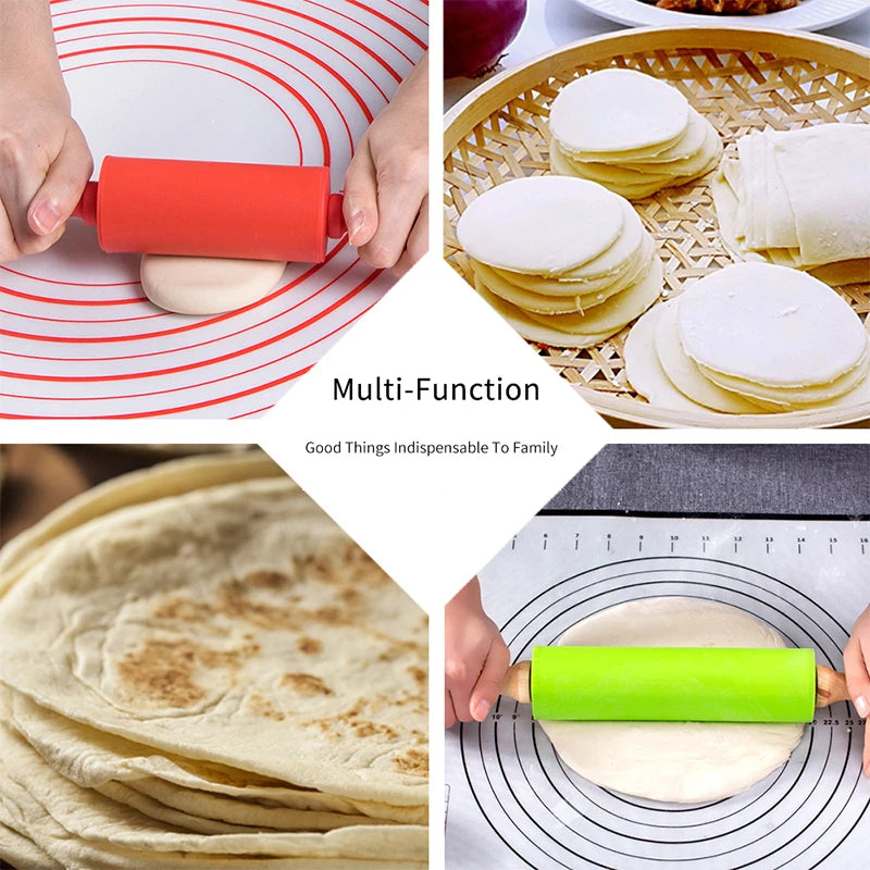 Non-Stick Silicone Rolling Pin Wooden Handle Pastry Dough Flour Roller Kitchen Cooking Baking Tool For Pasta Cookie Dough