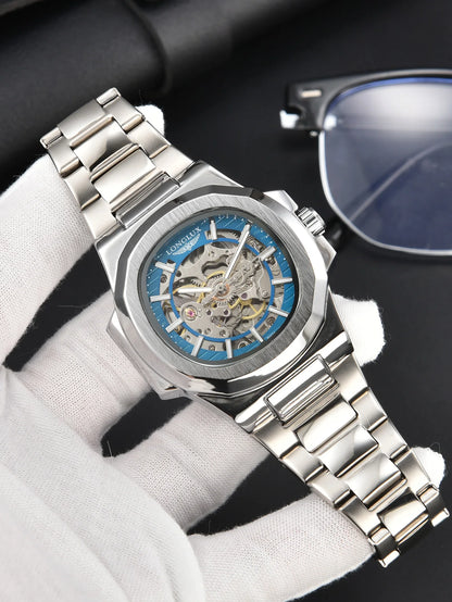 LONGLUX automatic watch luxury mechanical wristwatches stainless steel skeleton waterproof mens watch men gift