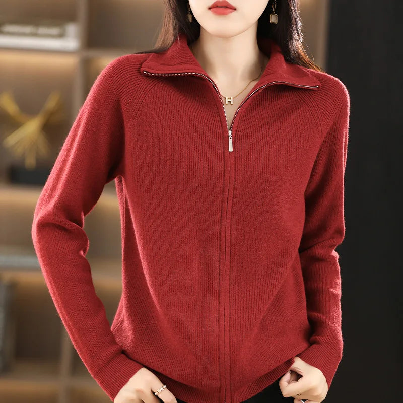 Autumn Winter New Women Wool Sweater Clothing Double Zipper Lower Lapel Cardigan Fashion Female Casual Knitted Tops Soft Jacket