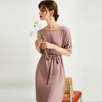 Heavy Silk Dress for Women, O-Neck, Raglan Sleeve, Loose Fit Waist, Lace Up Dress, Solid Mulberry Silk, Satin Dress, FS2308