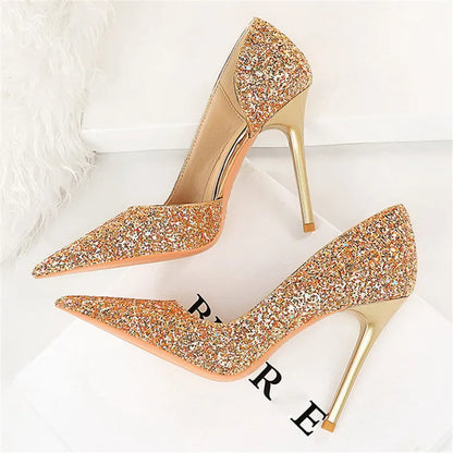 Women 7cm 10.5cm Super High Heels Blue Gold Pumps Sexy Sequins Bling Low Heels Lady Scarpins Luxury Stiletto Sparkly Party Shoes