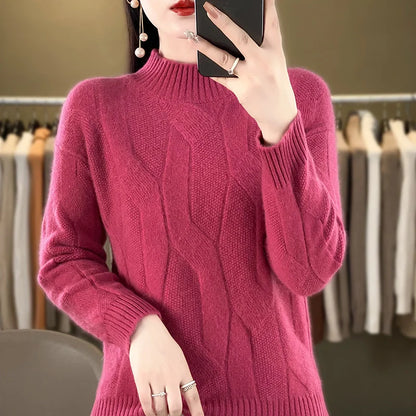 Women's Soft Wool Sweater Half-high Collar Twisted Thickened Pullover Autumn Winter Casual Basis Top Cashmere Female Knitwear