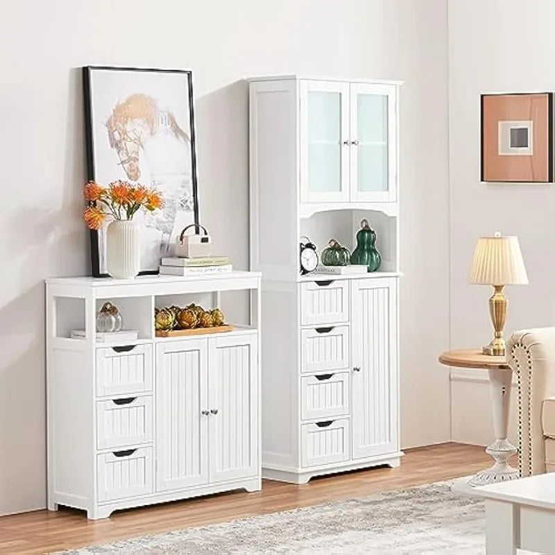 Tall Storage Cabinet with Glass Door, Bathroom Floor Cabinet 65.5″, Kitchen Pantry Storage Cabinet with Open Compartment