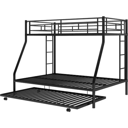 Twin over Full Bunk Bed with Trundle,Triple Bunk Beds with 2 Ladders&Full-Length Guardrail,No Box Spring Needed,Noise Free,Black