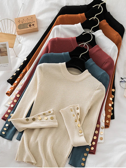 2024 women thick sweater pullovers khaki casual autumn winter button o-neck chic sweater female slim knit top soft jumper tops