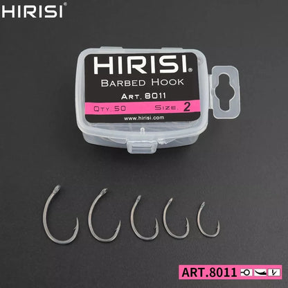 Hirisi 50pcs Coating High Carbon Stainless Steel Barbed hooks Carp Fishing Hooks Pack with Retail Original Box 8011