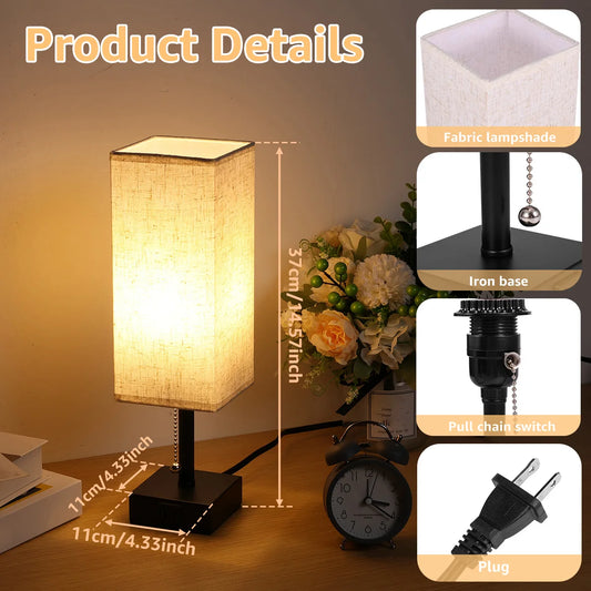 Bedside Lamp Night Lights USB Retro Nightstand Table Lamp Dimmable For Bedroom Wooden Desk Lamp with Fabric Shades Home Decor