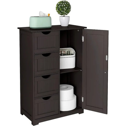 Small Storage Cabinet Wooden Bathroom Floor Cabinet Small Space Furniture White Side Storage Organizer with 4 Drawers