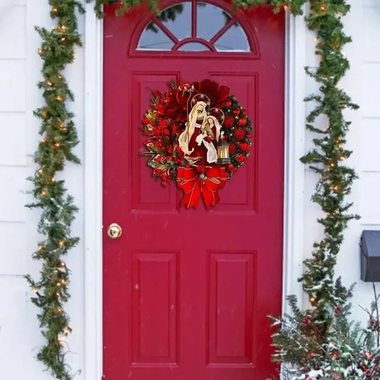 Christmas Wreath With Lamp Bow Ball Big Red Flower Navidad Party Wall Door Window Fireplace Staircase Balcony Garden Wreath 2024