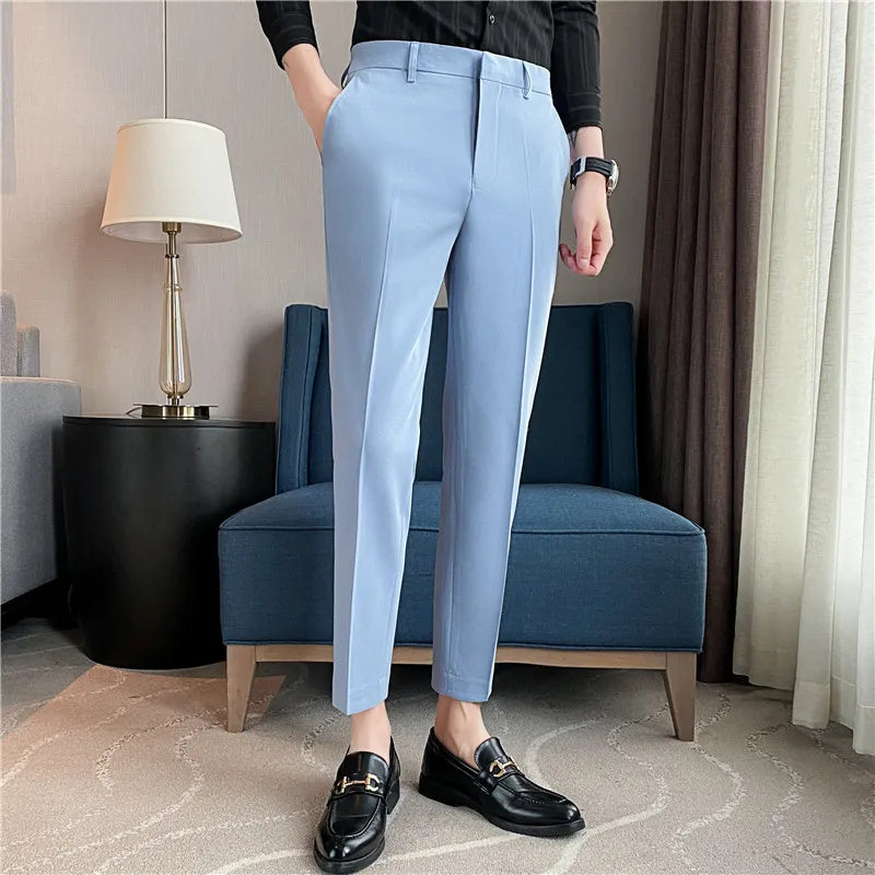 Men's Summer Slim Fit Solid Color Casual Pants Formal Office Business Wedding Social Suit Pants 9 Colors Ankle Long Trousers