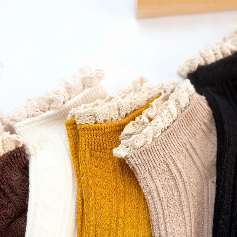 3 Pairs Fashion Lace Ruffles Soft Cotton Women Socks Solid Spring Summer Cute Sweet Princess Girl Cozy Lovely Frilled Socks