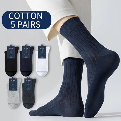 95% Pure Cotton Socks Men Business Dress Anti-bacterial Long Socks Soft Breathable Spring Summer Tube Casual Sock 5Pairs/Lot