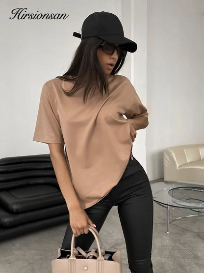 Hirsionsan 100% Cotton T Shirt Women Summer New Oversized Solid Tees Casual Basic Loose Tshirt Chic O Neck Female Tops