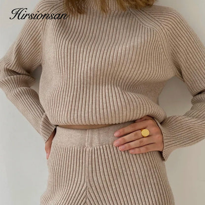 Hirsionsan Elegant Soft Knitted Sets Women Autumn Winter Warm Casual Two Pieces Sweater and Pants Outfits Solid Tracksuit Lady