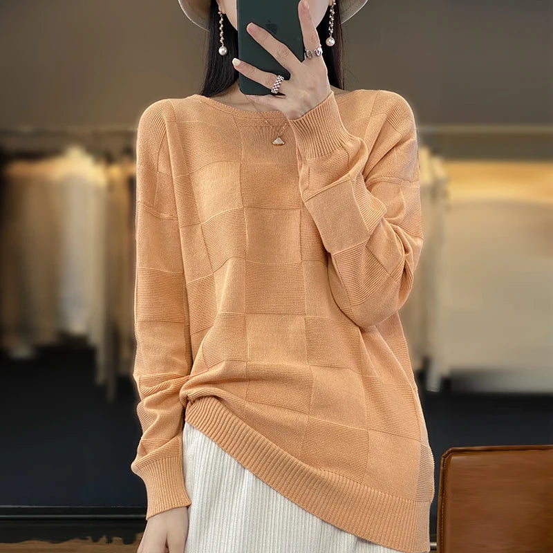 Autumn Winter New Women 100% Cotton Soft Sweater Round Collar Square Pattern Pullover Loose Fashion Knitwear Casual Base Top