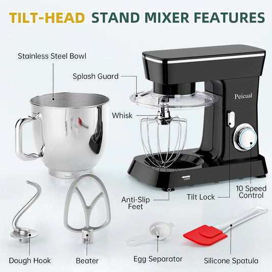 Stand Mixer, 5.5QT 10+P Speed Tilt-Head Kitchen Electric Mixer, Food Mixer with Stainless Steel Bowl, Dough Hook, Flat Beater