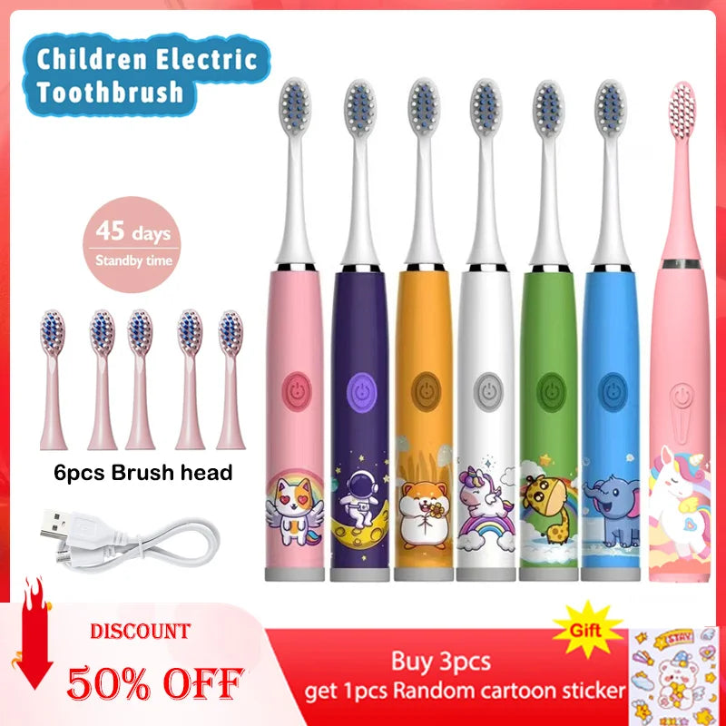 Children Electric Toothbrush Cartoon Kids With Replacement Head Ultrasonic IPX7 Waterproof Rechargeable Sonic Toothbrush