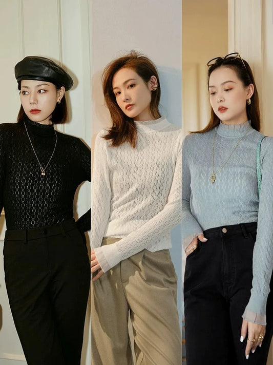 Women New Fine Wool Silk Sweater Lace Half-high Collar Hollow Out Pullover Spring Autumn Bottoming Shirt Knitting Top