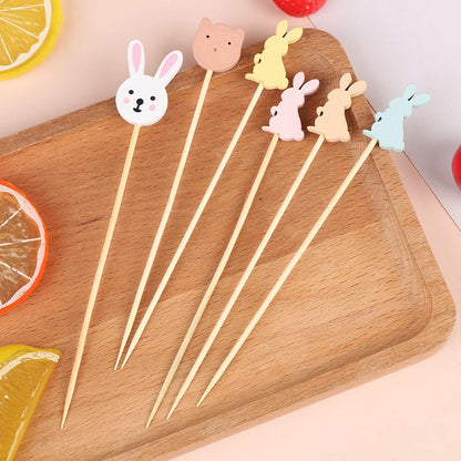 100pcs Easter Disposable Bamboo Skewers Rabbit Eggs Food Picks Fruit Fork Sandwich Buffet Stick Easter Decoration 2024 Birthday