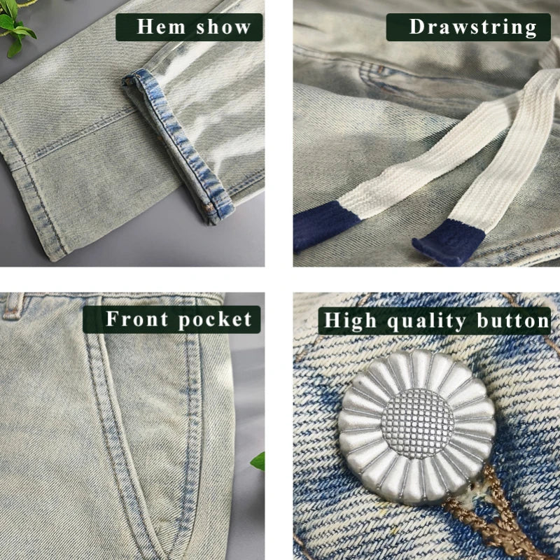 Summer Spring New Vintage Drawstring Jeans for Men Clothing Washed Soft Cotton Loose Straight Man Pants Baggy Jeans KK1075