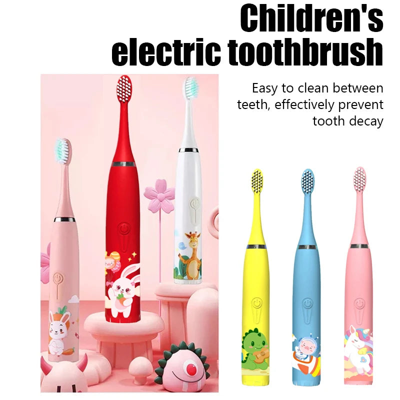 Child's USB Sonic Electric Toothbrush Rechargeable Colorful Cartoon Brush Kids Automatic IPX7 Waterproof With Replacement Heads