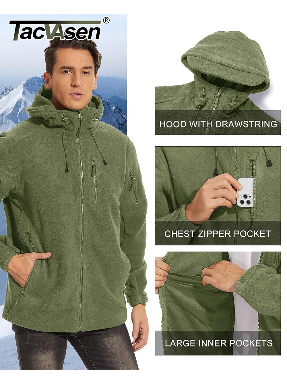 TACVASEN Spring Winter Fleece Jacket With Hoodie Mens Hooded Fleece Jacket Full-Zip Up Outdoor Windproof Hooded Warm Work Coat