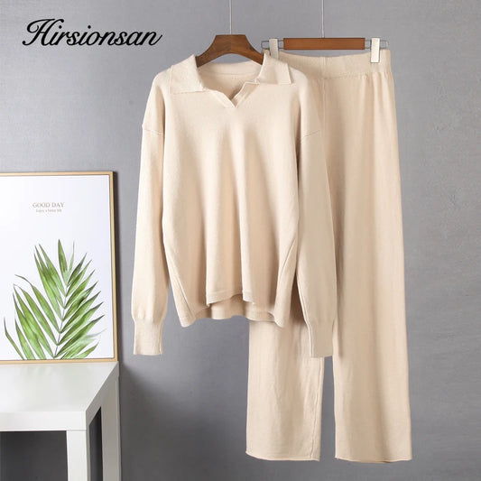 Hirsionsan Cashmere Turn Down Neck Knitted Sets Women Winter Casual Two Pieces Sweater and Pants Loose Outfits Tracksuit