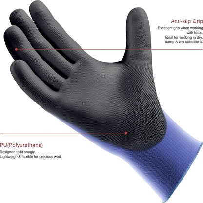 3/12Pairs Ultra-Thin PU Coated Work Gloves, Excellent Grip Gloves, Nylon Shell Black Polyurethane Coated Safety Work Gloves