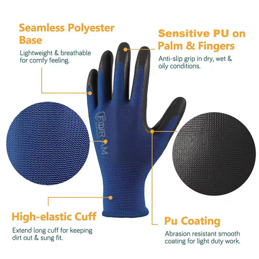 3/12Pairs Ultra-Thin PU Coated Work Gloves, Excellent Grip Gloves, Nylon Shell Black Polyurethane Coated Safety Work Gloves