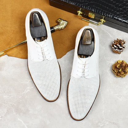 Men's Business Casual Oxford Shoes Real Cow Leather Comfortable Breathable Hollow Soft Leather Summer Shoes White Wedding Shoes