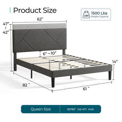 LINSY HOME Queen Bed Frame with Adjustable Headboard, Linen Upholster Bed Frame with Wooden Slats Support, NO Box Spring Needed