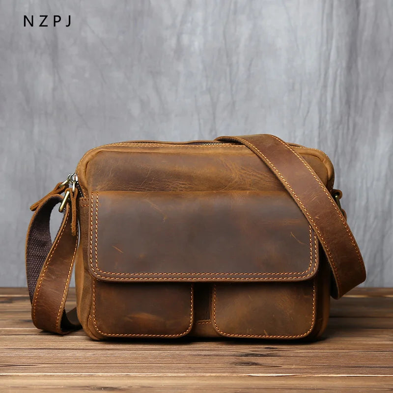 NZPJ Retro Leather Men's Messenger Bag Casual Top Layer Cowhide Bag Shoulder Bag Horizontal Backpack Suitable For 9 Inch Ipad