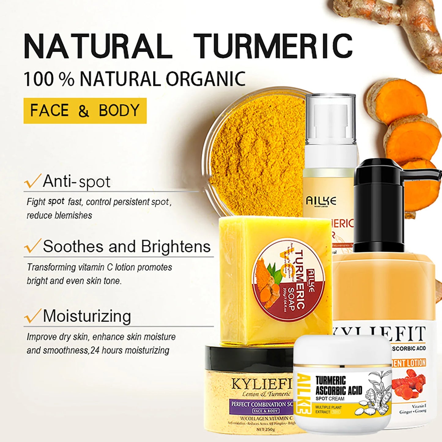 AILKE Organic Turmeric Skin Care Set, Brighten, Cleaning Skin, Reduce Acne, Whiten, Even Skin Tone, Improve Dry Skin