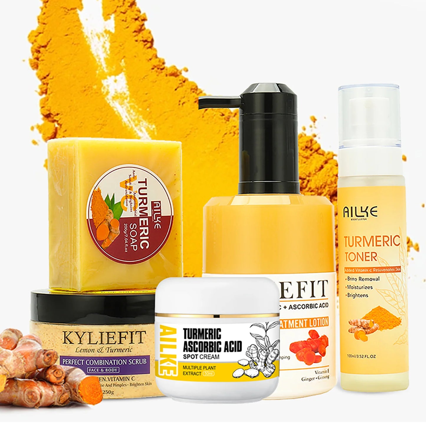 AILKE Organic Turmeric Skin Care Set, Brighten, Cleaning Skin, Reduce Acne, Whiten, Even Skin Tone, Improve Dry Skin