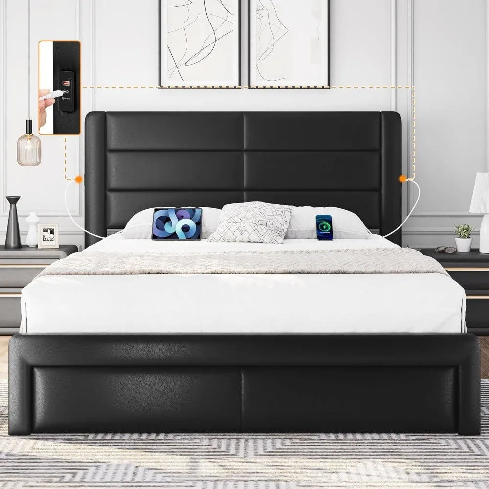 No Box Spring Needed Platform Bed Bases & Frames Leather Upholstered Headboard 3 Storage Drawers Bed Foundation Frame Black Home