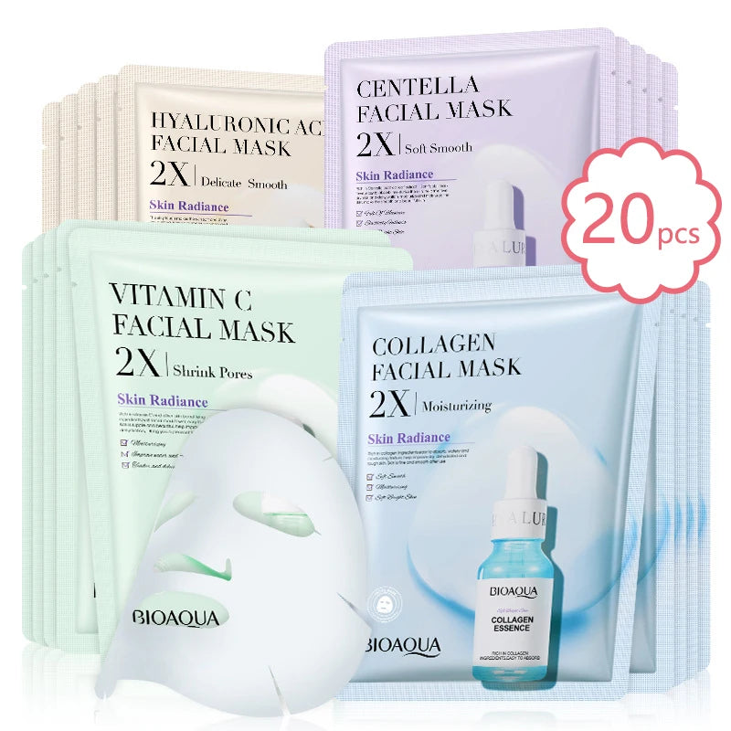 BIOAQUA Centella Collagen Face Mask VC Moisturizing Refreshing Sheet Masks Hyaluronic Acid Facial Mask Skin Care Products 20pcs